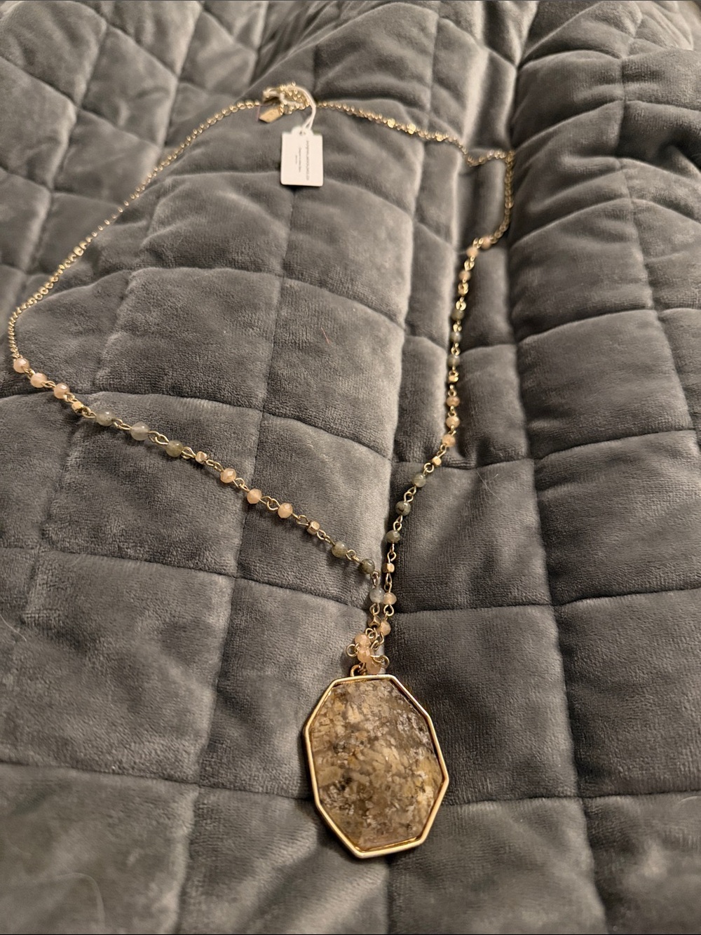 Gold-Tone Beige Druzy Pendant Necklace - Designer Style